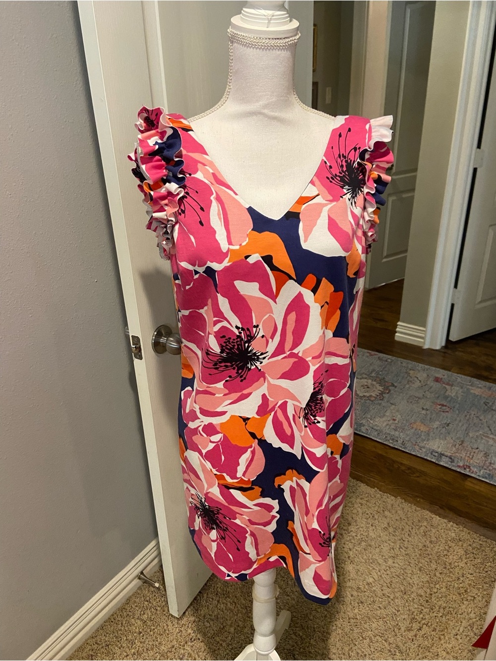 Trina Turk Pink Multi Floral Ruffle-Shoulder V-Neck Mini Dress